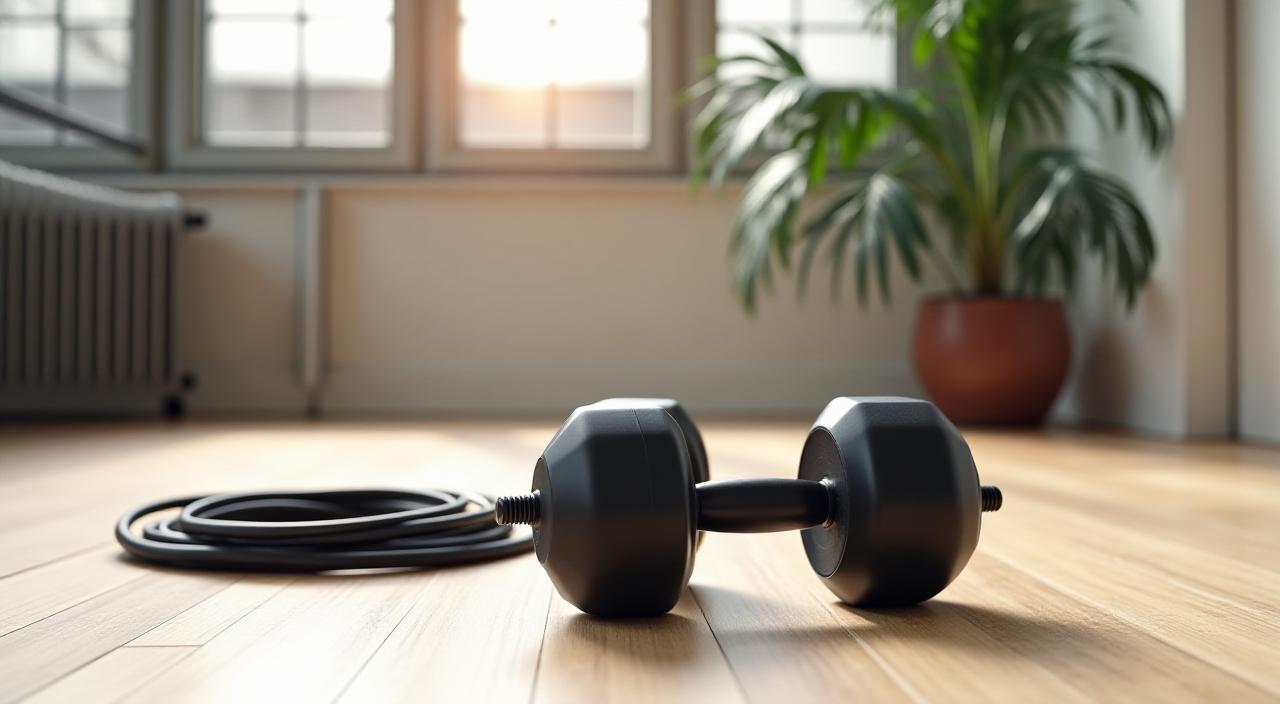 Elegantly arranged home fitness equipment in a sunlit West Melbourne apartment